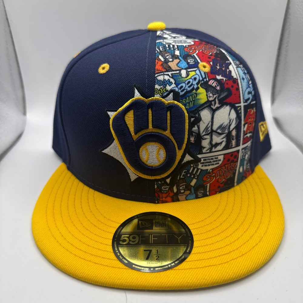 New Era 59FIFTY Milwaukee Brewers Comic Print Fitted Hat 7 1/2 Navy Yellow MLB